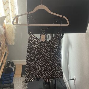 Black Satin Heart-Print Cami with Adjustable Straps